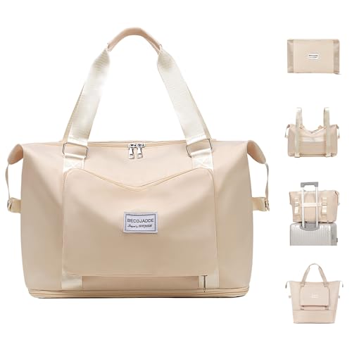 BECOJADDE Double Shoulder Strap Expandable Travel Bag with Wet Compartment and Luggage Strap, Foldable Carry On Tote Bag, Beige
