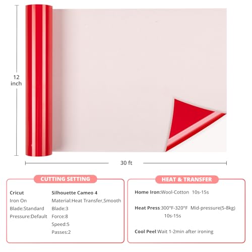 Image of HTVRONT Red Heat Transfer Vinyl Roll, 12 inch x 30ft | Iron on Vinyl for Shirts, Easy to Use, Easy to Cut & Weed, For Heat Transfer Vinyl Design