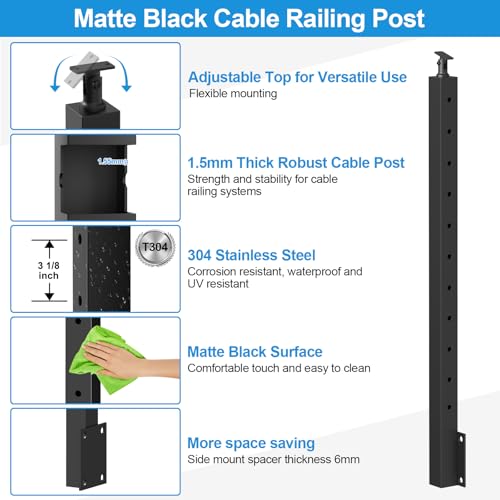 Image of 4-12FT 36 inch Side Mount Stair Railing Post Kits Include 2Pack Left Side Stair Posts, 150FT Wire Rope, Fasica Mount Deck Stair Railing System, 1 /8 inch Stainless Steel Black Wire Railing Kits, RG72