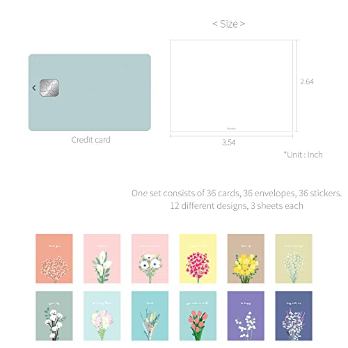 Monolike Day-By-Day Mini Card, Flower For You Ver.2 - Mix 36 Mini Message Single Card, 36 Envelopes, 36 Stickers Package #TOP2