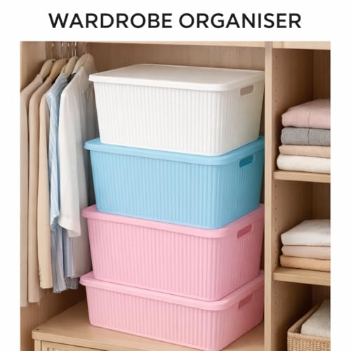 Image of Plastic Storage Box with Lid - Large Stackable Organizer Storage Box for Clothes, Toys, Kitchen - Big Size Plastic Storage Container Basket for Home, Office, Bathroom(Large,3pcs,MultiColor)