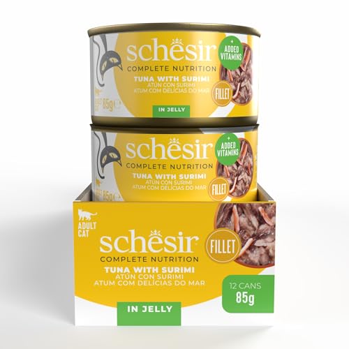 Schesir Thunfisch mit Surimi in Gelatine, Nassfutter für Katzen, in Dosen, 100% natürlich, mit zusätzlichen Vitaminen, 12 x 85 g