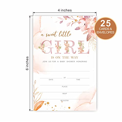 Baby Shower Invitation Cards With Envelopes, Flush Pink Boho Floral Baby Gender Reveal Party Supplies, Baby Shower Decorations For Girl, Invites for Baby Showers and Parties – Pack of 25(YQK-042)
