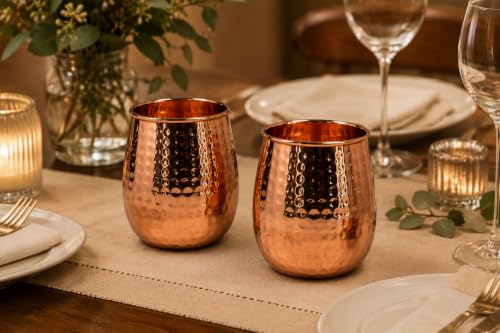 Wallra Hammered 100% Pure Copper Glass, Serveware & Drinkware Copper Glass Set 400 ml, Traditional Drinking Water Cup Glass Pack of 2, LWH- 8x8x11.5CM by Wallra - Used condition - Image 2