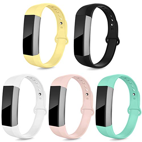 NAHAI Bands Compatible with Fitbit Alta HR/Fitbit Alta for Women Men, 5 Packs Soft Silicone Replacement Sport Strap Wristbands Accessories for Fitbit Alta, Small, Black/White/Sand/Teal/Yellow