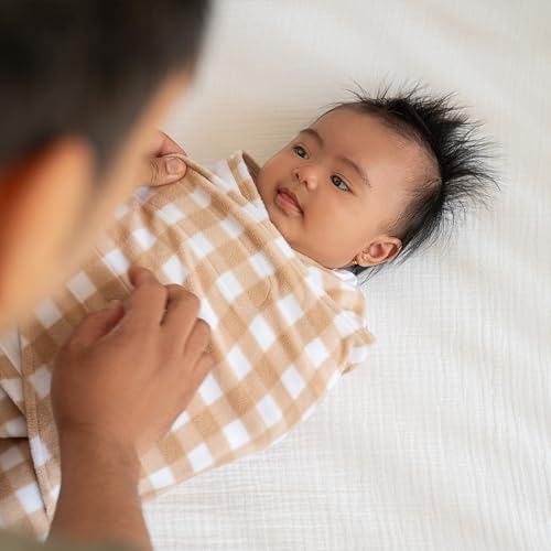 Image of HALO Micro-Fleece Sleepsack Swaddle, 3-Way Adjustable Swaddle Blanket for Newborn and Infants, TOG 3.0 for Cold Climates, Hip Healthy, Gingham Tan, Small, 3-6 Months