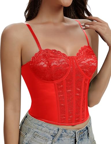 Image of Lace Corset Tops for Women Sexy Going Out Bustier Top Sleeveless Adjustable Straps Crop Tops with Back Hooks