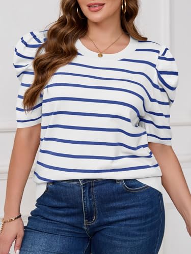 Image of Beautife Womens Plus Size Short Puff Sleeve Sweater Tops Lightweight Striped T Shirts Summer Casual Crew Neck Knit Pullover