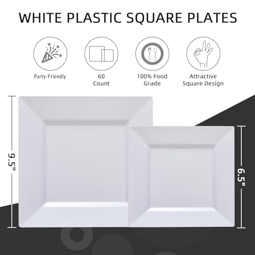 N9R 60PCS White Square Plastic Plates, 30 Dinner & 30 Dessert Plates Heavy Duty, Fancy Disposable Plates for Party, Wedding and other Events
