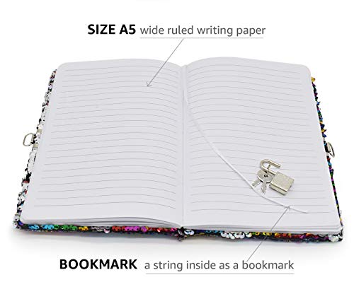 Vipbuy Magic Reversible Sequin Notebook Diary Lined Travel Journal With Lock And Key For Kids Girls, Size A5 (8.5" X 5.5"), 78 Sheets, Rainbow To Silver #TOP5