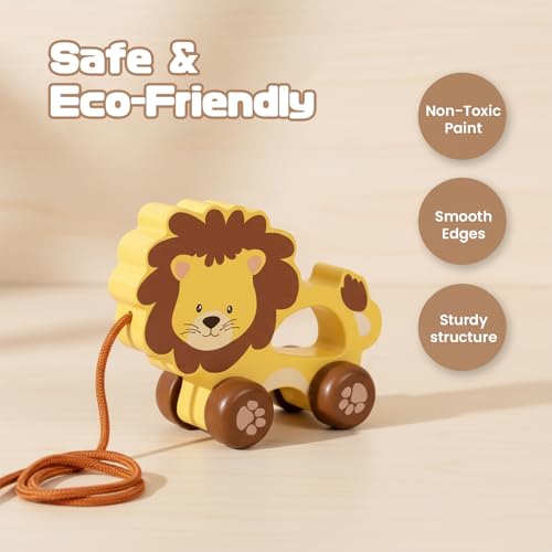 Image of Baby Toys Car,Wooden Pull Along Toddler Toy, Developmental Toy for 1 Year Old Girl Boy Birthday Gift (Lion)