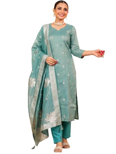 Image of Pinkmint Women Jacquard Silk Ethnic Kurta with Dupatta Suit for Women | Straight Fit Designer Wear with Woven Pattern & Tassel Dupatta | Availble in Plus Size