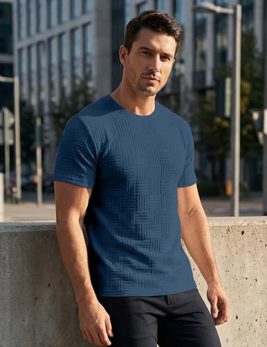 Image of JMIERR Mens T-Shirt Casual Stretch Solid Crewneck Short Sleeve Tees Textured Shirts