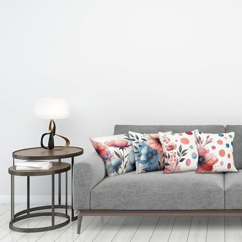 Ambesonne Floral Throw Pillow Cushion Cover Set of 4, Watercolor Design Blooming Bold Petals Leaves and Playful Dots Bicolour Print, Decorative Accent Double-Sided Printing, 18", Coral Slate Blue