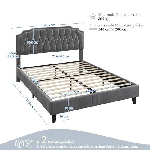 Yaheetech Polsterbett Doppelbett 140 × 200 cm Stoffbett Jugendbett Gepolstertes Bett mit höhenverstellbarem Kopfteil Bettrahmen mit Lattenrost, Dunkelgrau