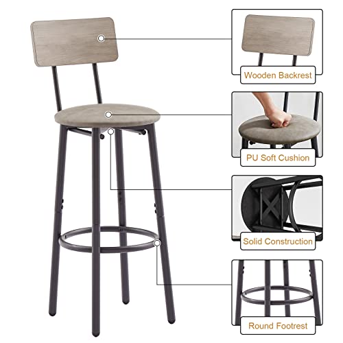 KIVENJAJA Bar Table and Chairs Set for 2, 3-Piece Small Square Pub Bistro Table and Upholstered Stools with Backrest, Counter Height Dining Table Set for Kitchen Small Space, Grey - Thumbnail 4