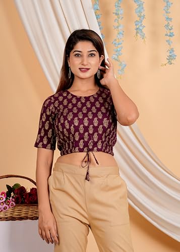 Image of Yash Gallery Women's Premium Fabric Printed Regular Fit Crop Blouse Round Neck Half Sleeve Drawstring Hem Casual Stylish Blouse
