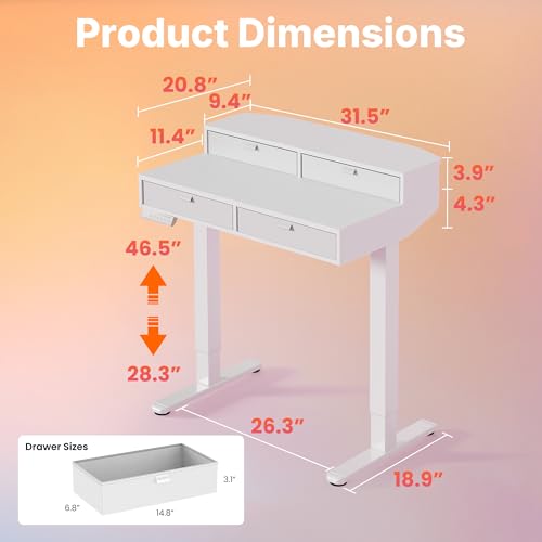 Image of HUANUO 32 X 20 inch Electric Standing Desk with 4 Drawers, Adjustable Height Sit Stand Home Office Desk, C-Clamp Mount Compatible, Ergonomic Stand up Desk with 4 Preset Heights, White