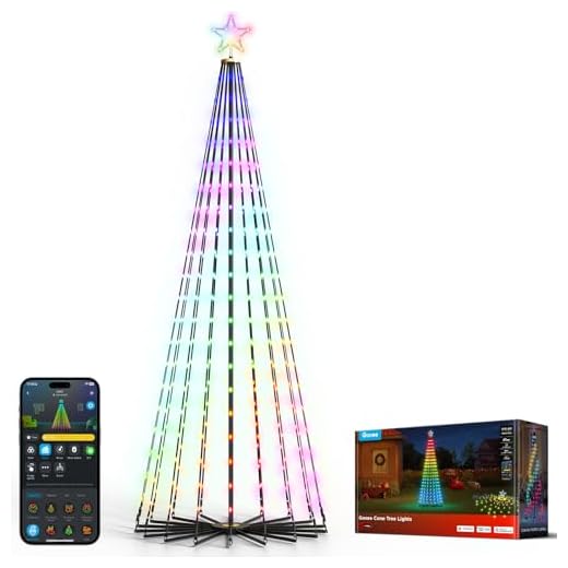 Govee Christmas Cone Tree Lights, 2,28m 370 LED RGBIC Guirlande lumineuse avec Contrôle Intelligent par APP, 82+ Modes Scène, Étanchéité IP67 Décoration pour Halloween et Noël, Mode Musique, Noir