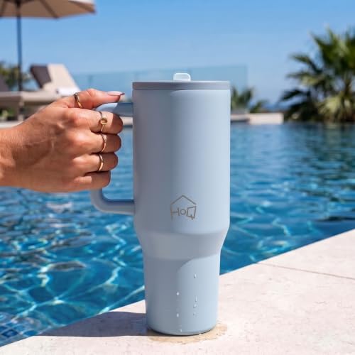 Image of House of Quirk 1200ML Tumbler with Handle & Simple Flip Straw - Car Cup Holder Friendly, Leak Resistant Stainless Steel Water Bottle with Rubber Base (Smoke)