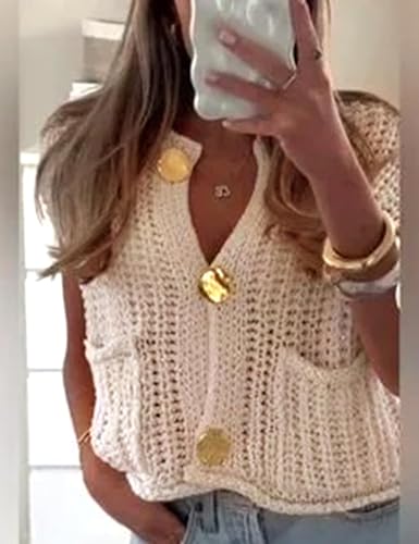 UAURORAO Women Chunky Sweater Vest Button Down Crochet Cable Knit Cardigan Sleeveless Open Front Knitted Crop Waistcoat3