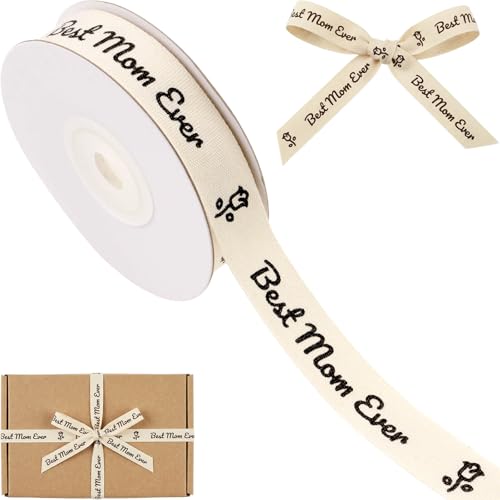 Kutyndrix Cotton Ribbon 5/8 Inch x 10 Yards Best Mom Ever Printed Natural Herringbone Twill Tape for Mothers Day Gift Wrapping and Bouquet Decorations