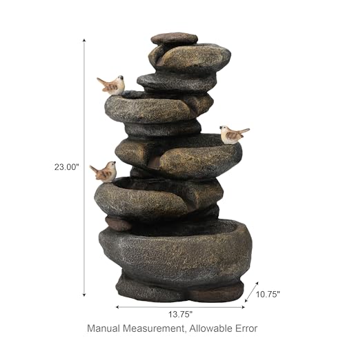Image of Glitzhome 5-Tier Cascading Rock Outdoor Water Fountain with LED Light & Pump, Natural Stacked Stone Look Water Fountain with Lively Birds for Garden, Patio, Porch, 23 inchH