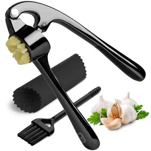 GD Black Garlic Press Crusher Mincer Tool - Stainless Steel Garlic Press, Dishwasher Safe & Rust Proof, Easy-Squeeze Garlic Crusher with Ergonomic Handle - Includes Silicone Peeler & Brush (Black)