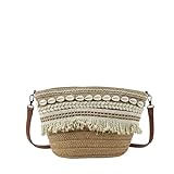 MODELISA - Bolso Bandolera Capazo Rafia Paja Con Conchas Y Flecos Estilo Bohemio Mujer (Marrón)