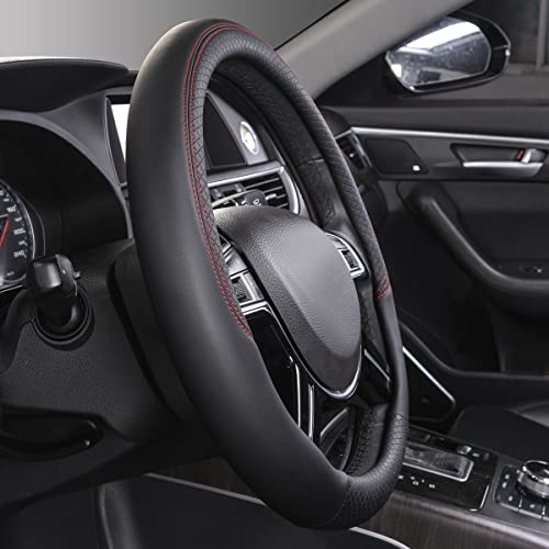Car Pass Rhombus Leather Universal Steering Wheel Cover, Fit For Suvs,Trucks,Cars,Sedans,Vans (Black&Red Stitch) #TOP3