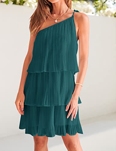 Zesica Women's 2023 Boho Summer One Shoulder Sleeveless Ruffle Tiered Layered Chiffon Pleated A Line Flowy Mini Dress,Teal,Medium #TOP1