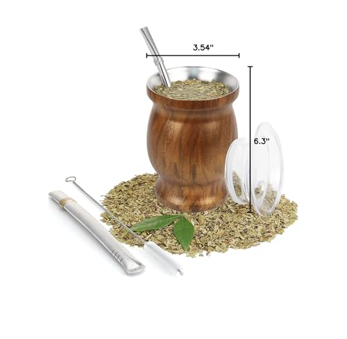 ROCKY&CHAO 8 Oz Yerba Mate Gourd Tea Cup, Stainless Steel Double-Walled Teacup Set Traditional Mate Cup Included 2 Bombillas(Yerba Mate Straws), Yerba Mate Gourd Cup and Cleaning Brush, Wood Grain