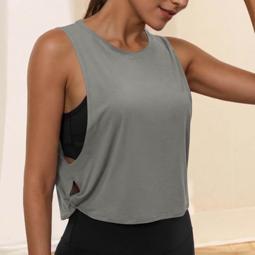 Women's Sleeveless Workout Vest Tops - Solid Tank Top with Side Hollowed Out, Breathable Round Neck Fitness Shirts - 1
