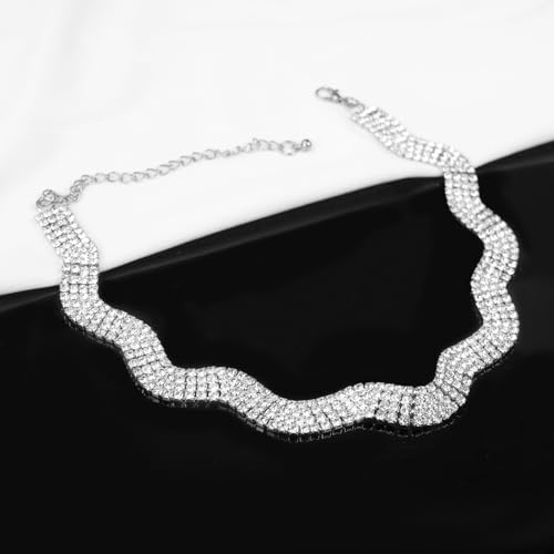 14K Gold Plated Rhinestone Choker Necklace, Sparkly Wave-shaped Diamond Necklace Dainty Crystal Choker Necklace for Women3