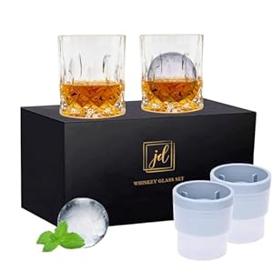Whiskey Rocks Glass Set In Gift Box – Includes 2 Crystal Bourbon Glasses and 2 Big Ice Ball Molds – 10 Oz Old Fashioned Glasses for Scotch, Cocktails, Rum, Cognac, Vodka – Unique Gift for Men