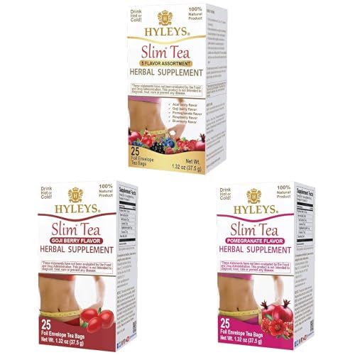 HYLEYS Slim Tea Bundle, 5 Flavor Variety Pack, Goji Berry & Pomegranate Detox Herbal Tea, 25 Tea Bags Each, 75 Tea Bags Total