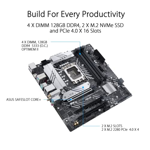 PRIME B660M-A WiFi D4 Scheda Madre mATX, Intel B660, LGA1700, DDR4, PCI 4.0, LAN Intel 1Gb, WiFi 6, Realtek 7.1 Surround, 2xM.2, 4xSATA 6GB/s, USB 3.2 Gen 2, Armoury Crate, Nero - Scheda madre - Immagine 2