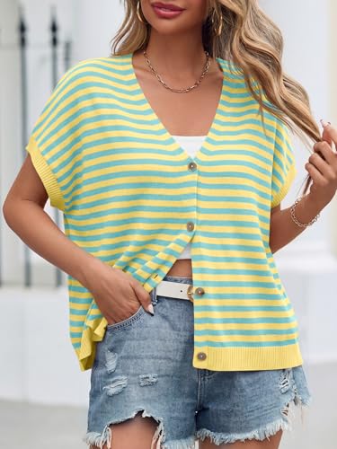 Image of Saodimallsu Womens Summer Oversized Cardigans Batwing Short Sleeve Lightweight Button V Neck Casual Knit Sweater Tops