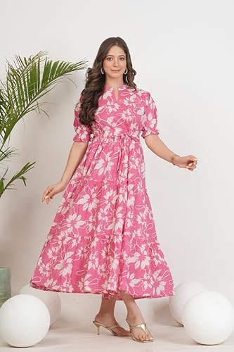 Image of Monique Brand Women's /Girls Cotton Kurta for Women Floral Printed Regular Fit Anarkali Kurta ||Floral Flared Western Dress