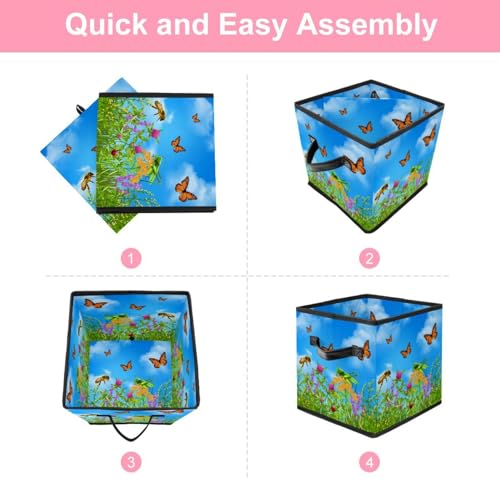Boîte de rangement cube en tissu motif insectes d'été avec poignées - 6
