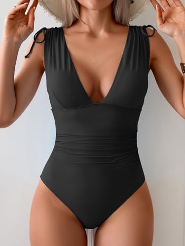Image of One Piece Swimsuit for Women Tummy Control Ruched Bathing Suit Sexy High Cut Swimwear V Neck Swim Suit