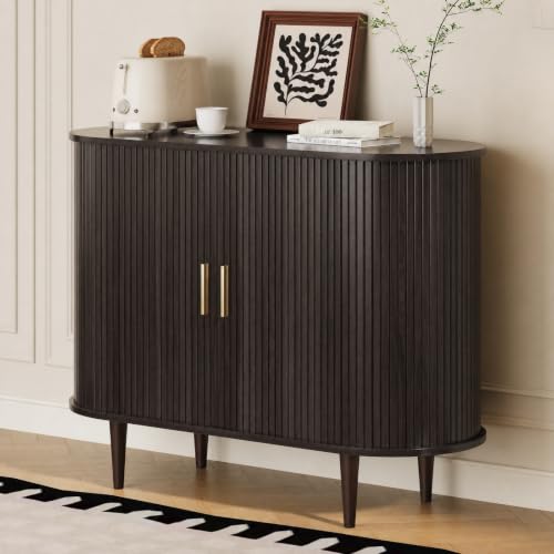DHH Sideboard Buffet Cabinet with Storage,Mid Century Modern Fluted Accent Coffee Bar Console Table,Tambour Sliding Doors& Adjustable Shelf for Kitchen, Living Room, Entryway(Dark Walnut, 40 Inch)