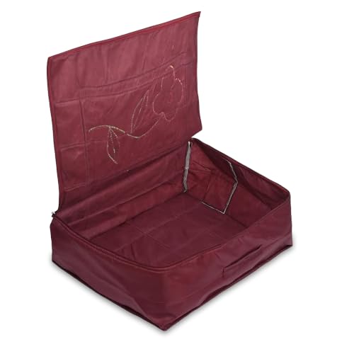 Image of Kuber Industries Parachute Saree Cover for Storage with Zip Closure | Wardrobe Organizer for Storage | Saree Organiser for Wardrobe | Embroidery Design - Maroon