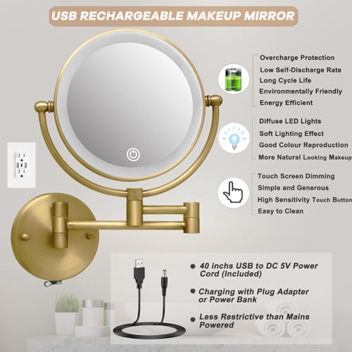 LEDOOLE Wall Mounted Makeup Mirror with Lights, 1/10X Double Sided Rechargeable Led Wall Magnifying for Bathroom, 8” Lighted Mountable Vanity Arm Extendable Shaving Antique Brass - Image 6