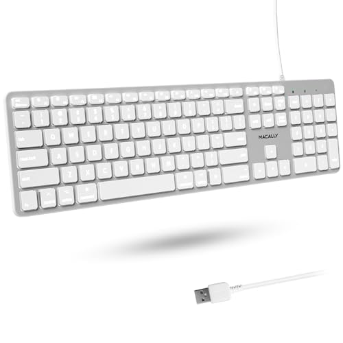 Macally Backlit Wired Keyboard for Mac | Compatible Apple Keyboard with Numeric Keypad | Comfortable All Day Typing, Compatible on MacBook Pro/Air, iMac, Mac mini/Pro - Silver
