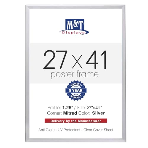 M&T Displays Snap Poster Frame Silver 1.25 Aluminum Profile Front Loading Wall Mounting Photo Picture Document Certificate Sign Holder Mitered Corner Anti Glare Cover (Silver 27x41 in)