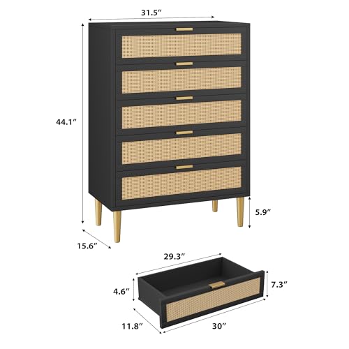 Rattan 5 Drawer Dresser, 44'' Tall Narrow Chest of Drawer, Farmhouse Wooden Storage Cabinet with Metal Legs and Handles, Modern Dresser for Bedroom, Living Room, Black