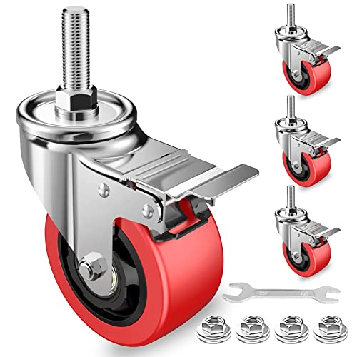 Homhoo 3" Stem Caster Wheels With Safety Dual Locking, Heavy Duty Threaded Stem Casters, No Noise Swivel Castors With Brakes, 250 Lbs Load Capacity Per Caster(Set Of 4) Red #TOP20