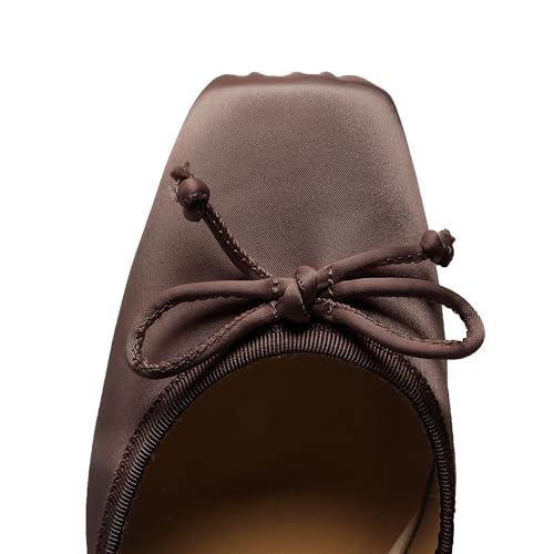 Image of Riekhany Satin Ballet Heels for Women Closed Square Toe Bow Ballerina Heels Lace Up High Heel Slingback Pumps Strappy Stiletto Mary Janes Elegant Party Shoes