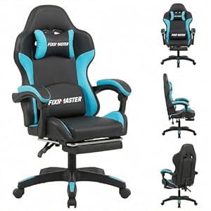 Fiximaster Bürostuhl Ergonomisch mit Fußstütze, Schreibtischstuhl, Racing-Design, Lenden- und Kopfstütze, PU-Kunstleder, Gaming Stuhl, Büro Stuhl, Computerstuhl, Neigbar bis 135°, Blau, 150KG